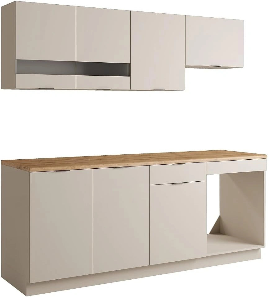 Ensemble de Cuisine Complète avec Plan de Travail 200 cm - Beige et Naturel - Modèle CARMEO