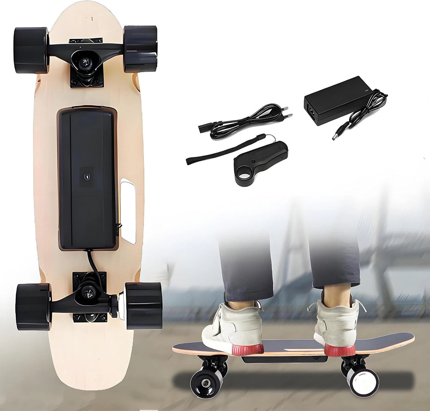 Planche à roulettes électrique tout-terrain pour adultes avec télécommande, 24 km/h, autonomie 13 km, design robuste pour adolescents et adultes