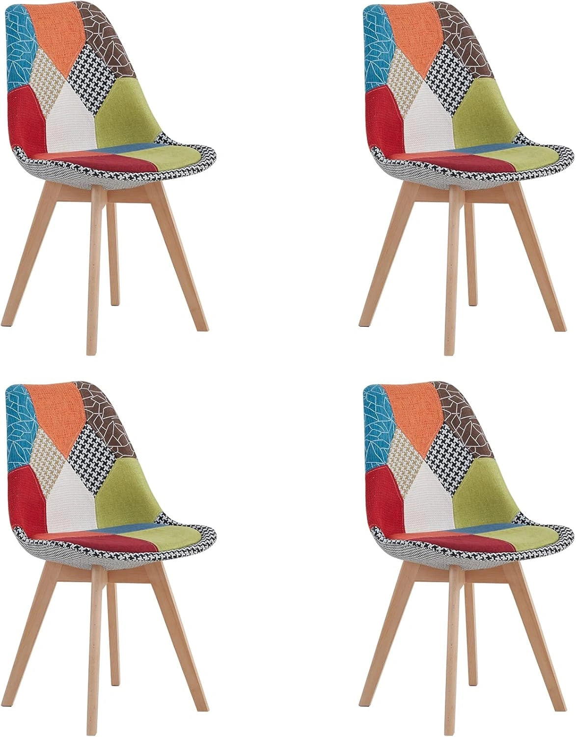 Ensemble de 4 Chaises de Salle à Manger Patchwork Modernes, Assise Confortable en Tissu, Pieds en Bois, Parfait pour Salon et Chambre (Rouge)