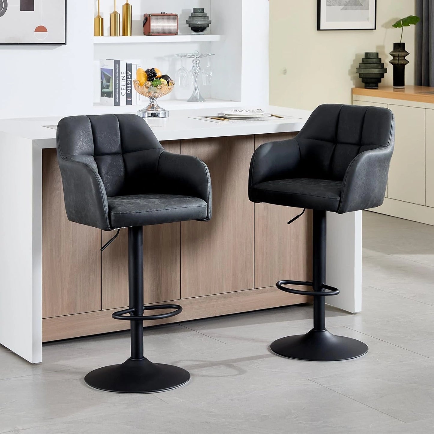 Ensemble de 2 Tabourets de Bar Réglables en Cuir PU avec Accoudoirs, Noir
