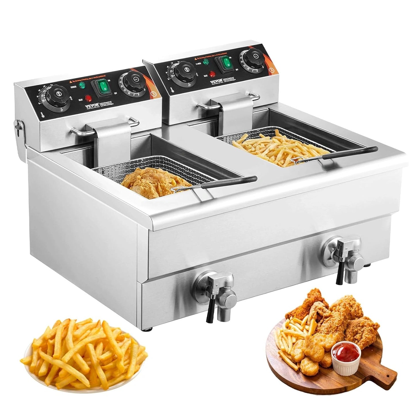 Friteuse Électrique Commerciale VEVOR 2 x 11L, 2 x 3000W, Inox, Température Ajustable 50-200°C, Idéale pour Poulet Frit et Snacks