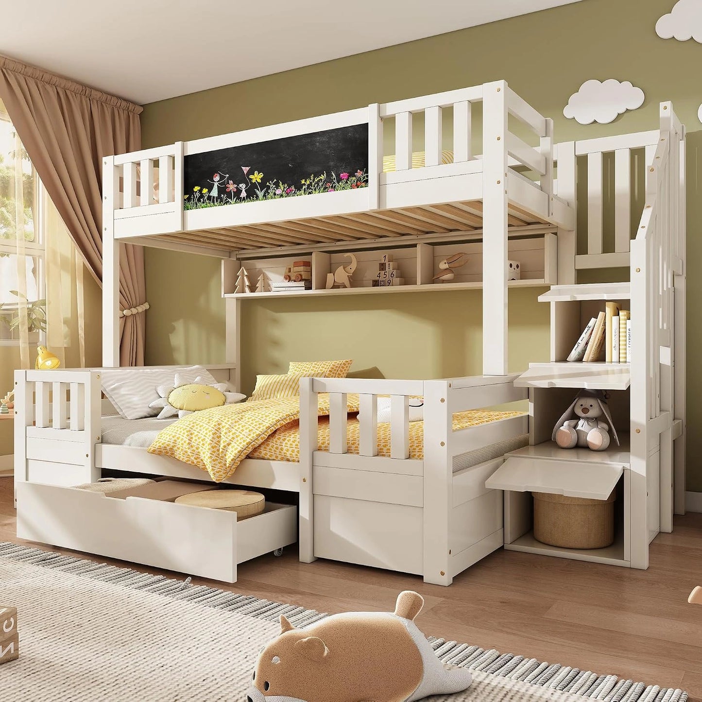Lit superposé enfant en bois massif avec tableau noir, rangement, échelle, et tiroirs 90x200/140x200