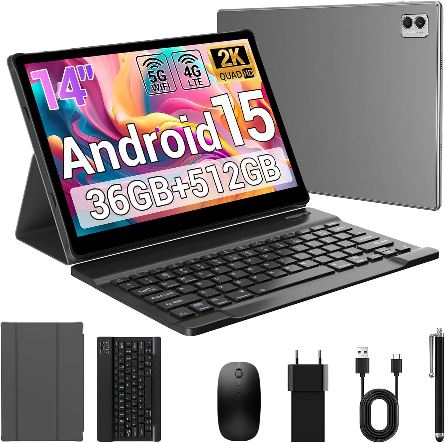 Tablette Android 14 4G LTE/5G WiFi, 11580mAh, 36GB+512GB, Octa-Core, 13MP+8MP, Clavier Inclus, Gris