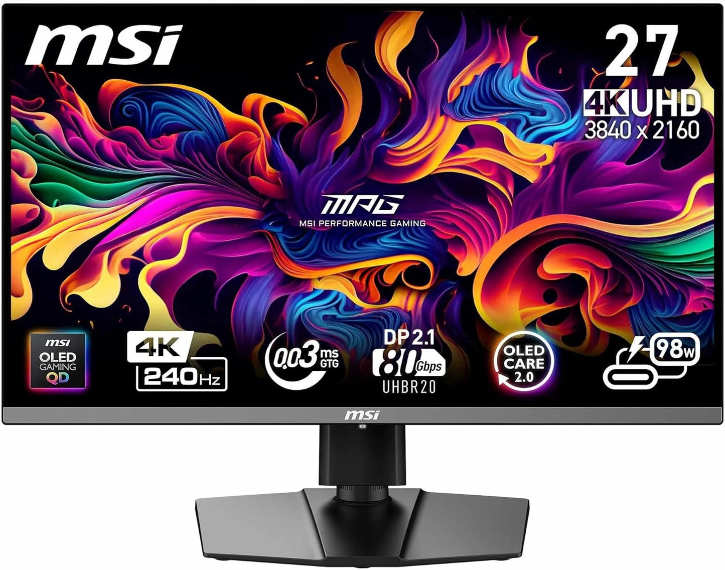 Écran Gaming MSI 27" 4K UHD QD-OLED - 240Hz, 0.03ms, 99% DCI-P3, HDR True Black 400, G-Sync, HDMI 2.1, DP 2.1a, USB-C 98W