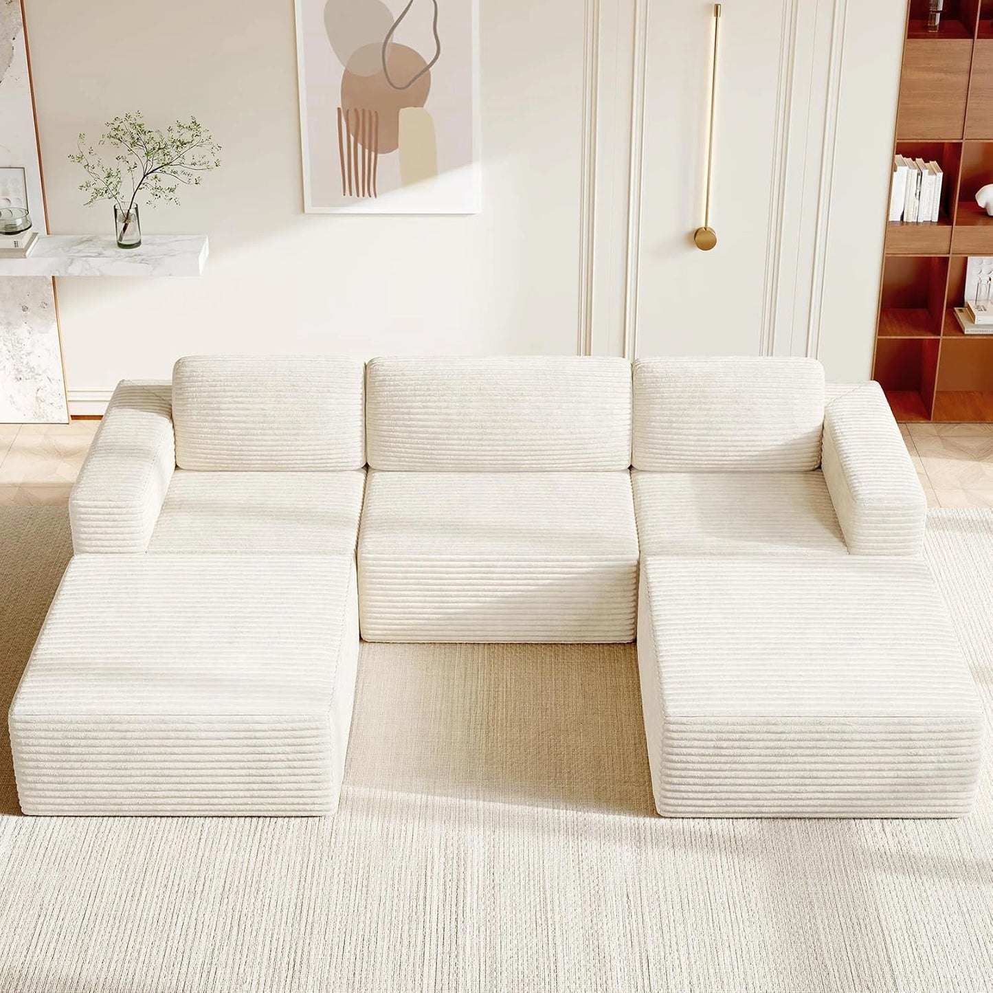 Canapé d'angle modulable en U 303 cm convertible 3 places en velours côtelé