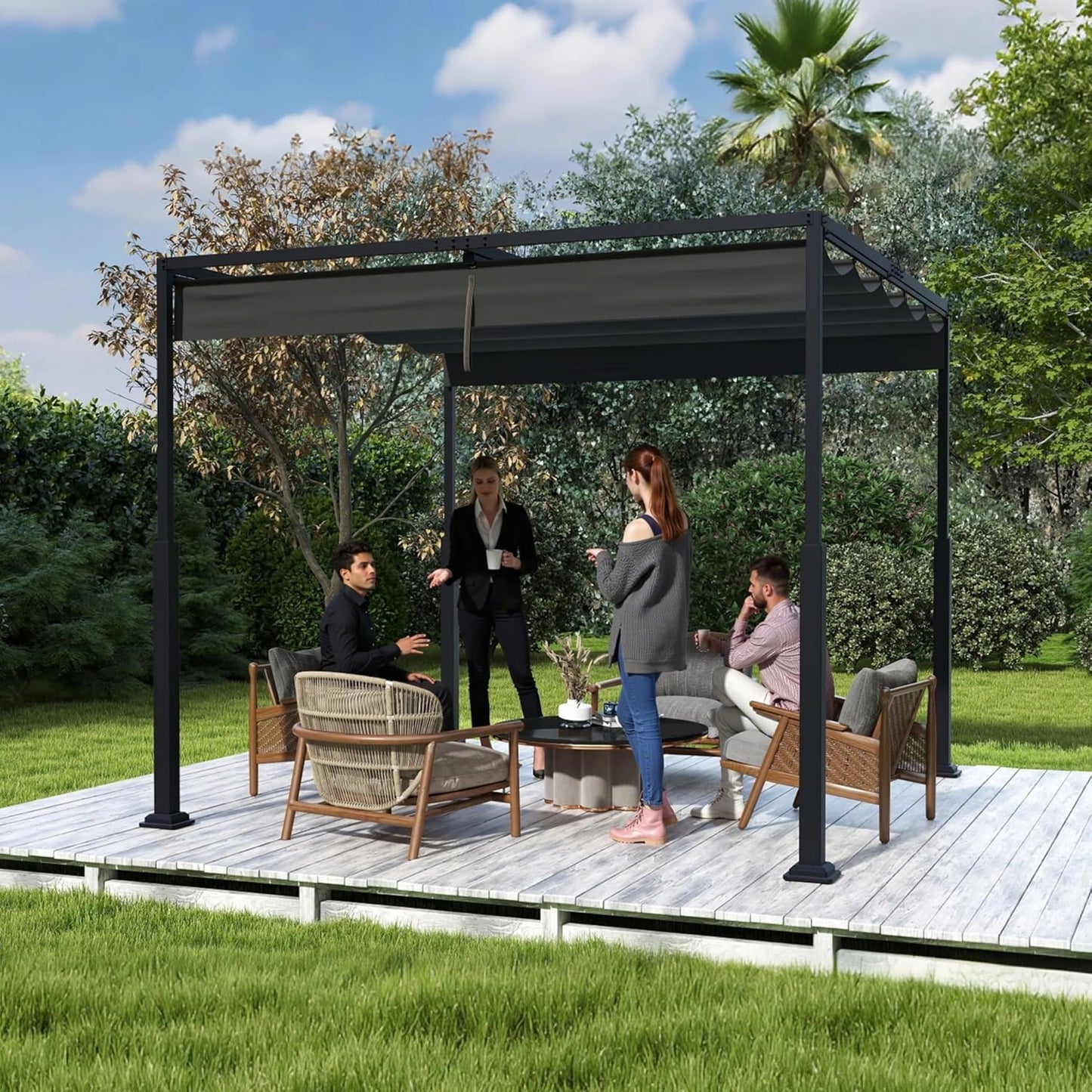 Pergola Métal Étanche et Résistante Hiver, 3x3m, Toit Lamelles, Protection Solaire, Noir