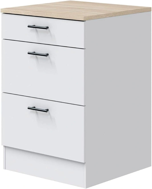 PEGANE Armoire de Cuisine à 3 Tiroirs avec Plateau Blanc Brillant et Chêne