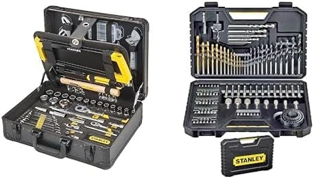 Kit d'Outils STANLEY, 142 Pièces – Comprend Pinces, Clé à Molette, Tournevis, Scie à Métaux, Cutter et Ensemble de Forets