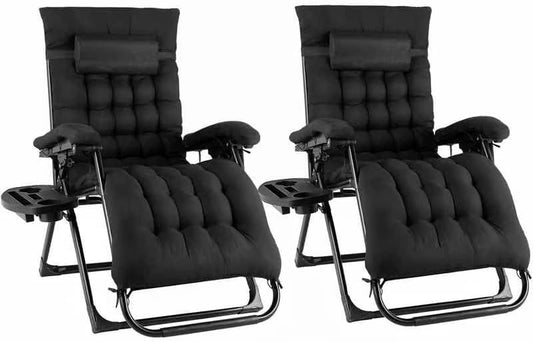 Ensemble de 2 Chaises Longues Pliables Extérieures avec Coussin et Porte-gobelet, Dossier Réglable, Capacité 160 kg, pour Jardin et Piscine (Noir)