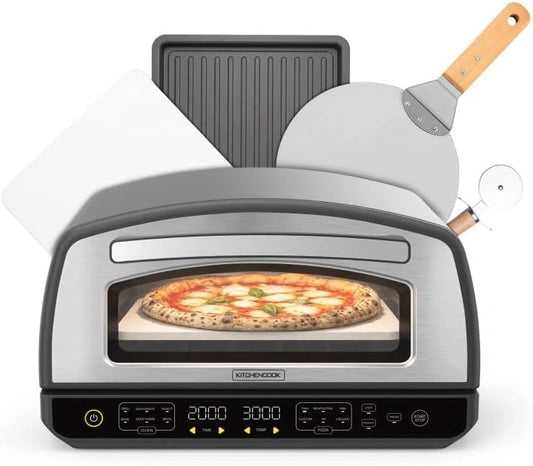 Kitchencook - Four à Pizza 2000W - Température Max 450°C - 12 Fonctions - Inclus Plaque Émaillée, Pelle et Coupe-Pizza Inox