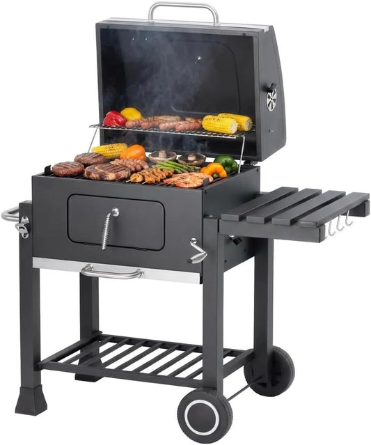 Barbecue au Charbon Tarrington House Memphis, Thermomètre Inclus, Tablette Pliable, Bac à Cendres, Étagère et Roulettes, Acier Gris