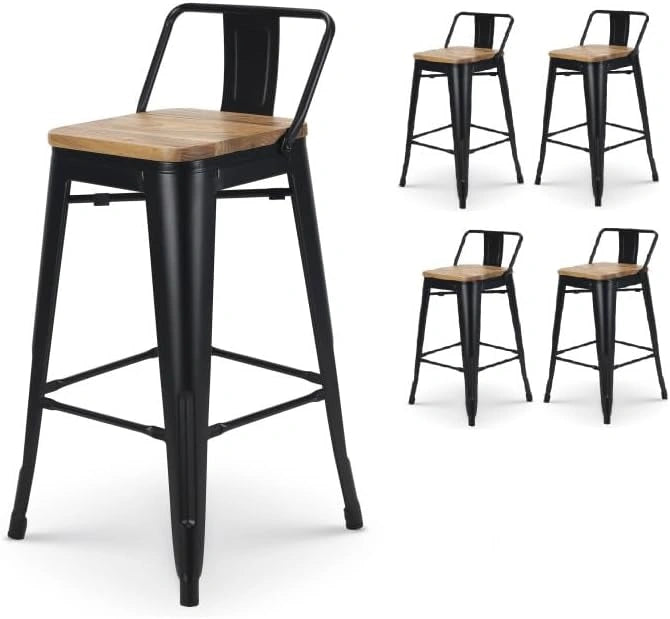 Ensemble de 4 tabourets de bar industriels en métal noir avec dossier et assise en bois, hauteur 66 cm