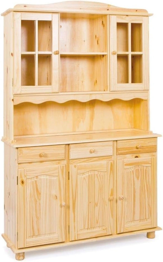 Buffet Vaisselier en Pin Massif avec Vitrines - 3 Portes - Style Rustique - Grande Capacité de Rangement - Vernis Naturel