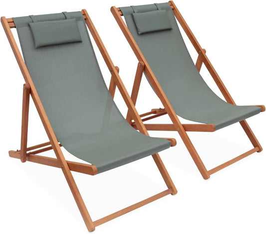 Transats en Bois d'Eucalyptus avec Coussins Tête - Ensemble de 2, Design Savane