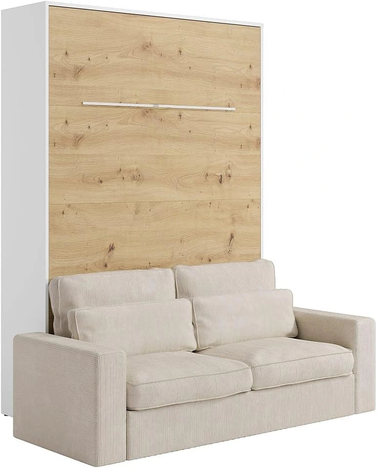 Lit escamotable 160x200 cm vertical manuel avec LEDs - Blanc et Bois Naturel - Canapé Velours Beige