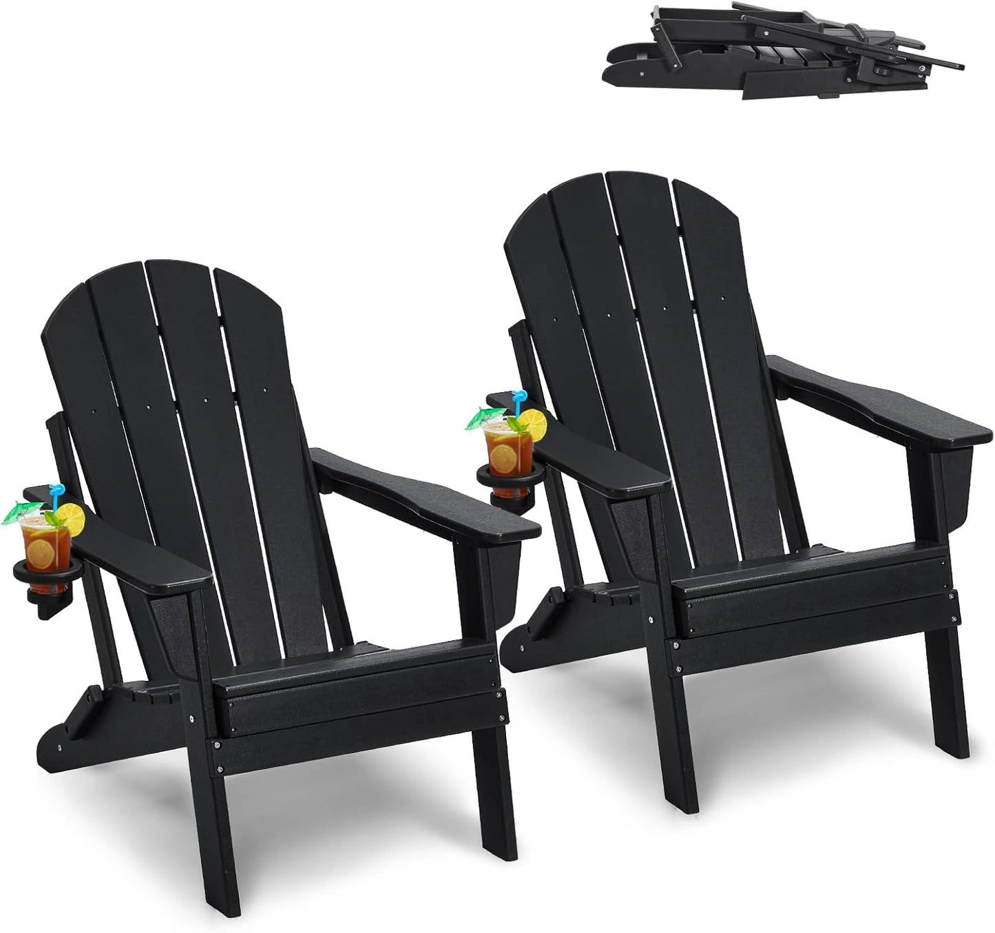 VEVOR Lot de 2 Chaises Adirondack Pliantes en Plastique Noir, pour Jardin et Patio, Charge Maximale 181 kg, avec Porte-Gobelet et Accoudoirs