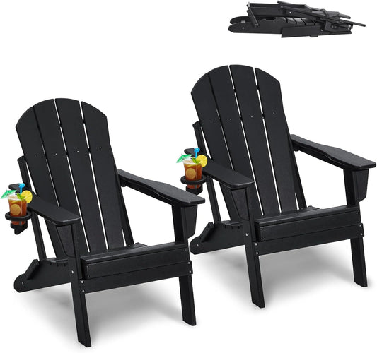 VEVOR Lot de 2 Chaises Adirondack Pliantes en Plastique Noir, pour Jardin et Patio, Charge Maximale 181 kg, avec Porte-Gobelet et Accoudoirs