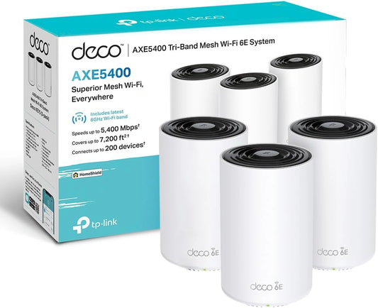Système Mesh WiFi 6E TP-Link Deco XE75, Pack de 3, Vitesse AXE5400, Couverture 670 m², Sécurité WPA3, Compatible Alexa, 9 Ports Gigabit