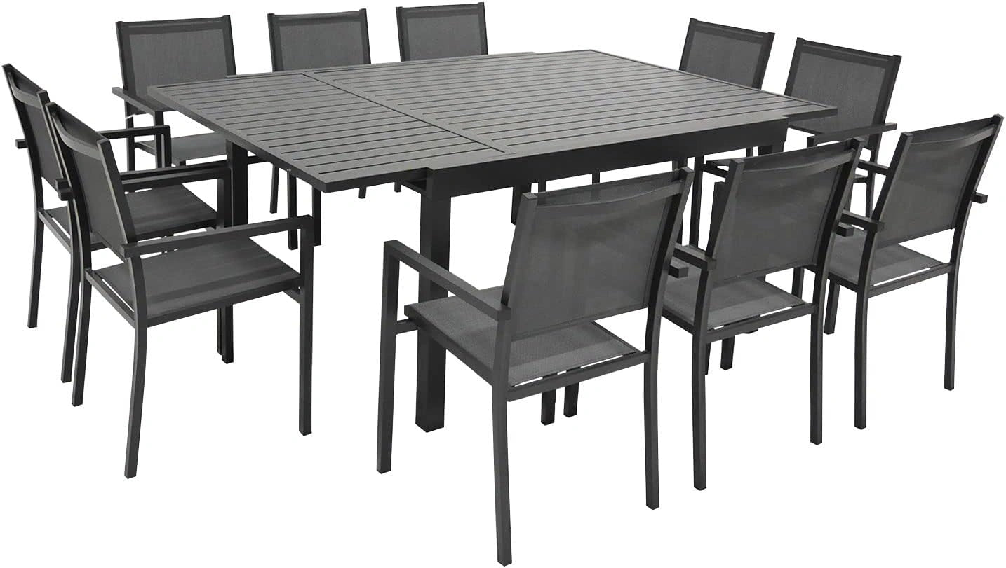 Salon de Jardin Extensible 10 Places en Aluminium Anthracite et Textilène Gris - Modèle Venezia