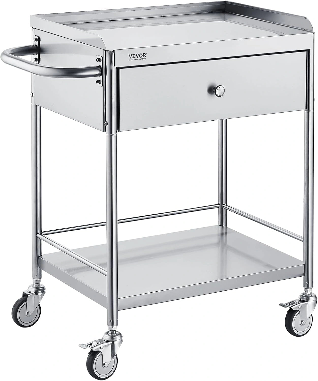 Chariot de Service Médical à 2 Niveaux en Acier Inoxydable avec Tiroir, Capacité 100 kg, Roulettes Silencieuses