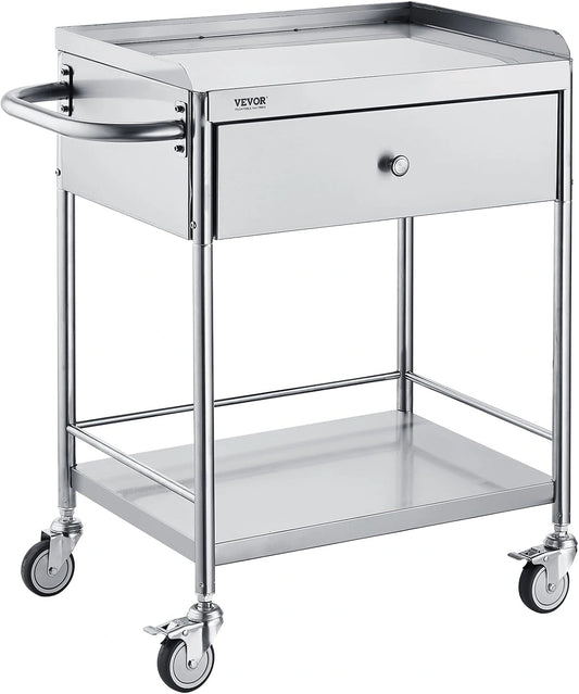 Chariot de Service Médical à 2 Niveaux en Acier Inoxydable avec Tiroir, Capacité 100 kg, Roulettes Silencieuses