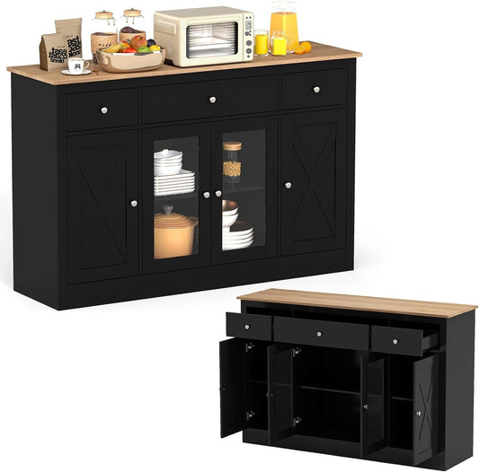 Buffet de Cuisine Noir avec Étagères Réglables et Tiroirs, 2 Portes, Anti-Basculement, 140x40x90 cm