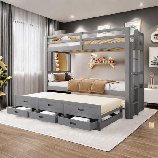 Lit Superposé Extensible 90x200 pour Enfants - Sécurité Antichute, Échelle et 3 Tiroirs, Gris