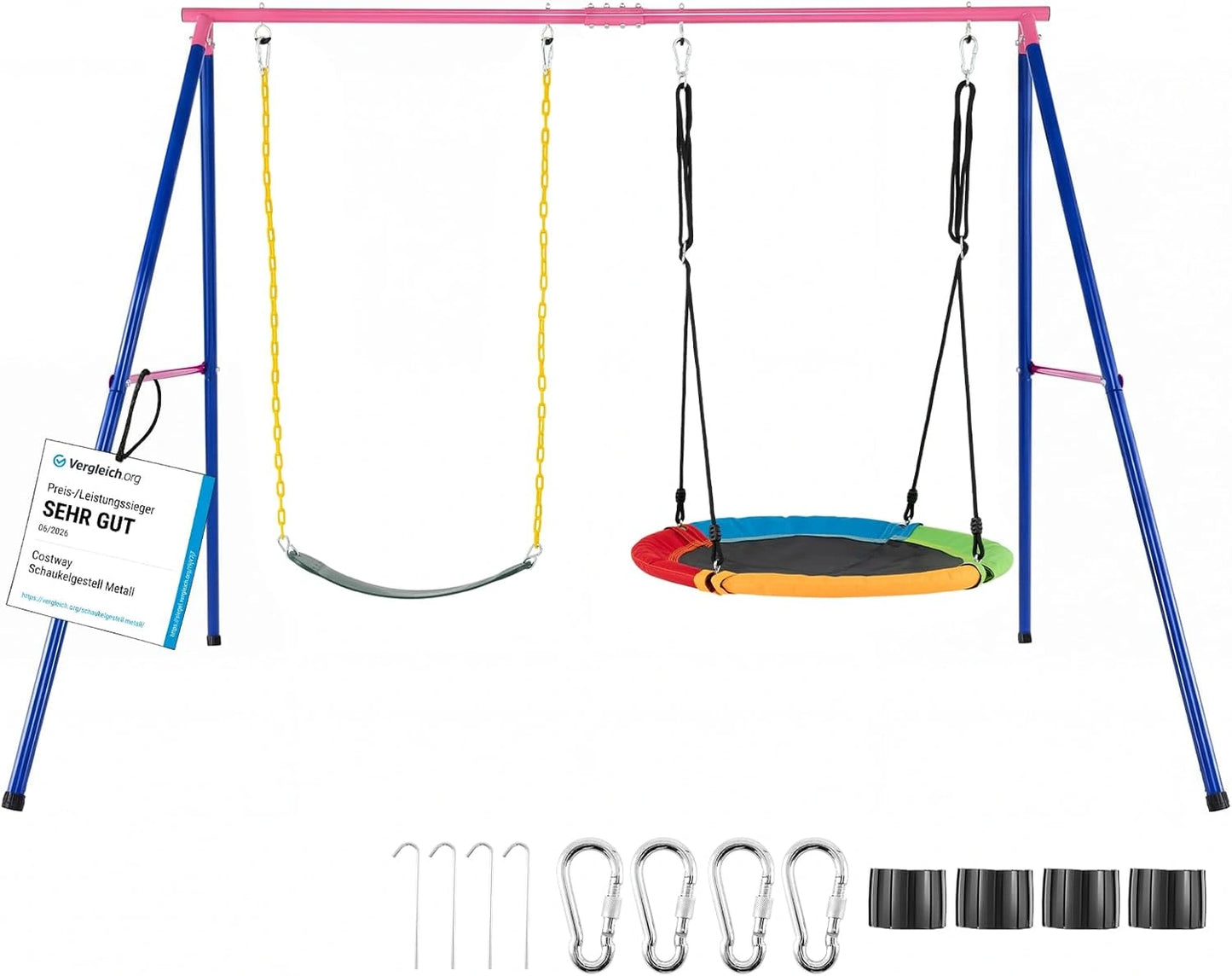 COSTWAY Balançoire 2-en-1 Enfants avec Portique Métallique, Nid d'Oiseau 100cm et Siège en U, Usage Intérieur/Extérieur, Capacité 250kg, Pour 2 Enfants 3 Ans+