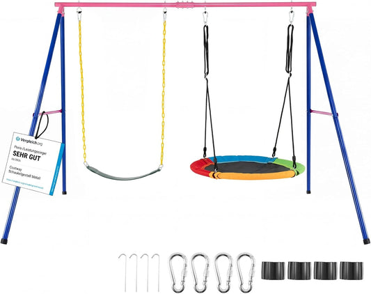 COSTWAY Balançoire 2-en-1 Enfants avec Portique Métallique, Nid d'Oiseau 100cm et Siège en U, Usage Intérieur/Extérieur, Capacité 250kg, Pour 2 Enfants 3 Ans+