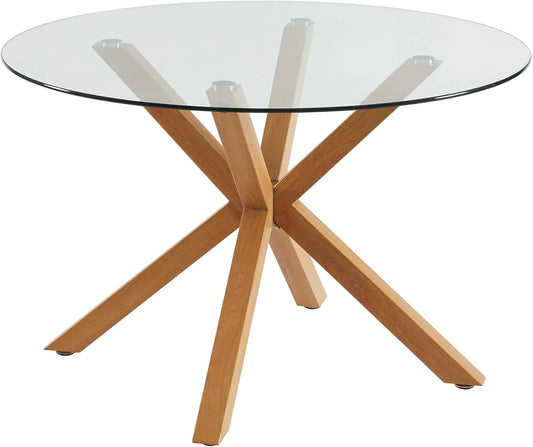 Table Ronde à Manger en Verre Effet Chêne 120cm - Modèle Harry