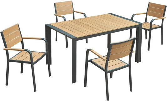Ensemble de Jardin Aluminium : Table 150 cm et 4 Chaises Empilables - Naturel Clair/Anthracite