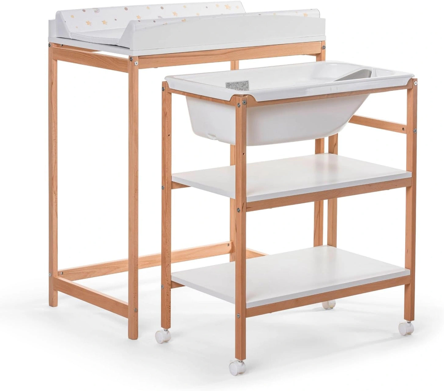 OKBABY Woody - Table à langer en bois avec baignoire ergonomique et roulettes, matelas doux inclus - Pour bébés 0-12 mois, 11 kg max - Blanc