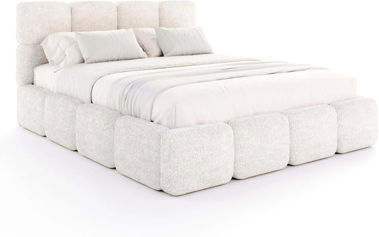 Lit Coffre Moderne 180x200 cm avec Sommier, Rangement Intégré, Tissu Doux, Vérins à Gaz, Blanc - Modèle DELICATO