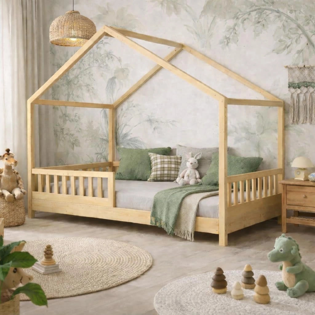 Lit enfant cabane en bois avec tente 90x190 cm