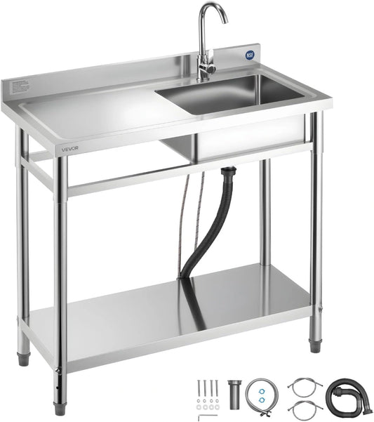 Évier en Inox Autonome pour Cuisine, Garage ou Restaurant avec Mitigeur et Tuyau 100x50x94cm