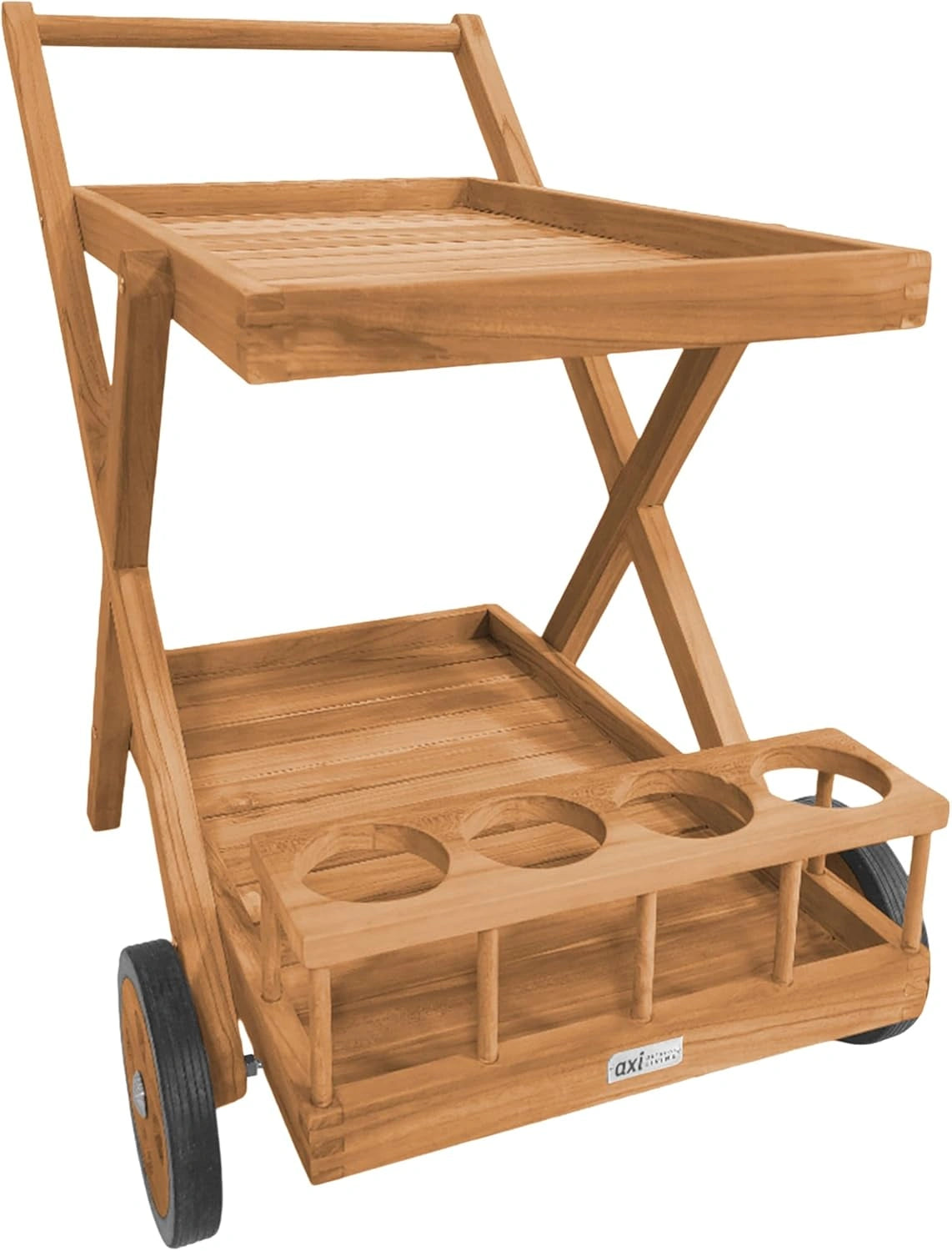 Chariot de Service en Bois Teck avec Tablettes et Porte-Bouteilles, Roulettes pour Cuisine, Jardin, Terrasse
