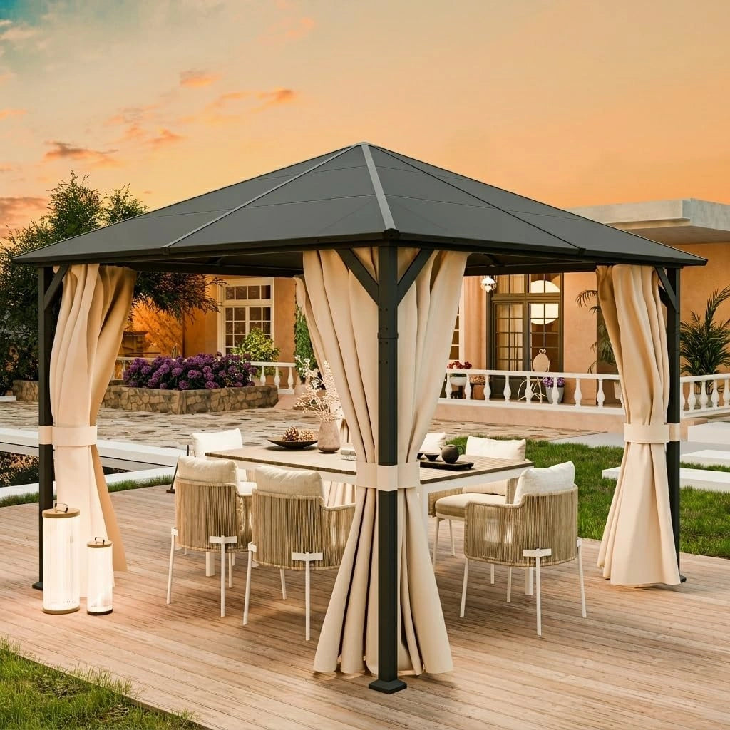 Tonnelle de Jardin 3x3m Imperméable avec Rideaux - Protection UV et Stabilité pour Terrasse (Beige)