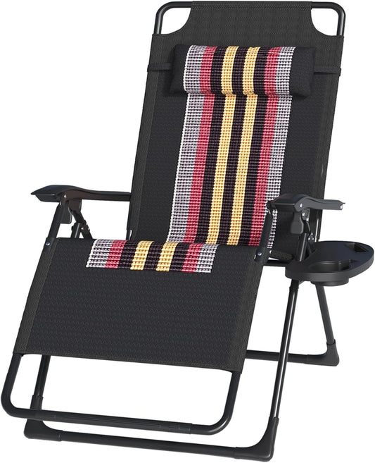 Chaise Longue Pliable de Jardin avec Porte-Gobelet, Dossier Réglable, Fauteuil Relax pour Terrasse - Noir