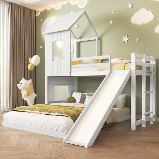 Lit Enfant Triple avec Toboggan et Barrières, Lit Cabane 90x200 & 140x200 avec Sommier, Blanc