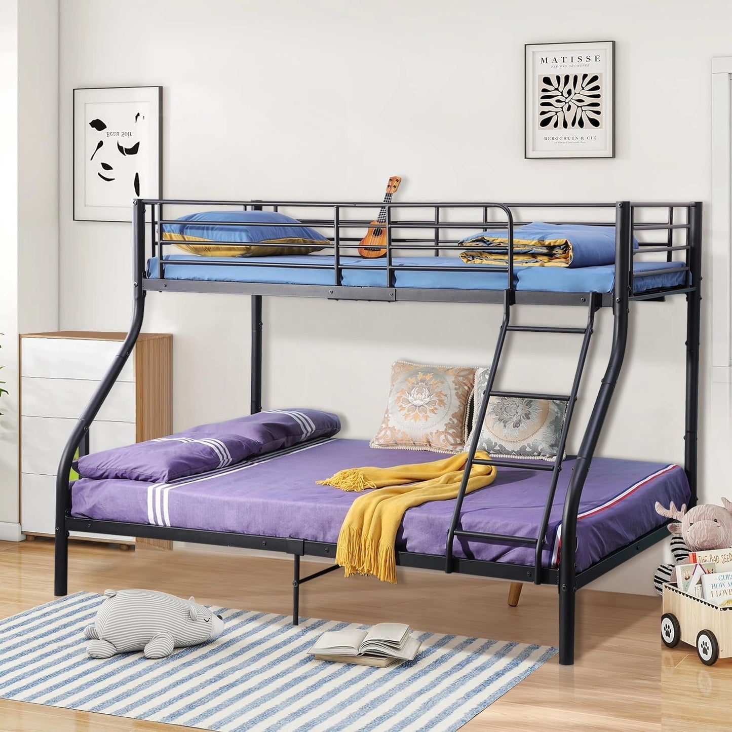 Lit superposé triple en métal Anthracite avec matelas, échelle et barrières de sécurité inclus, idéal pour enfants et adultes