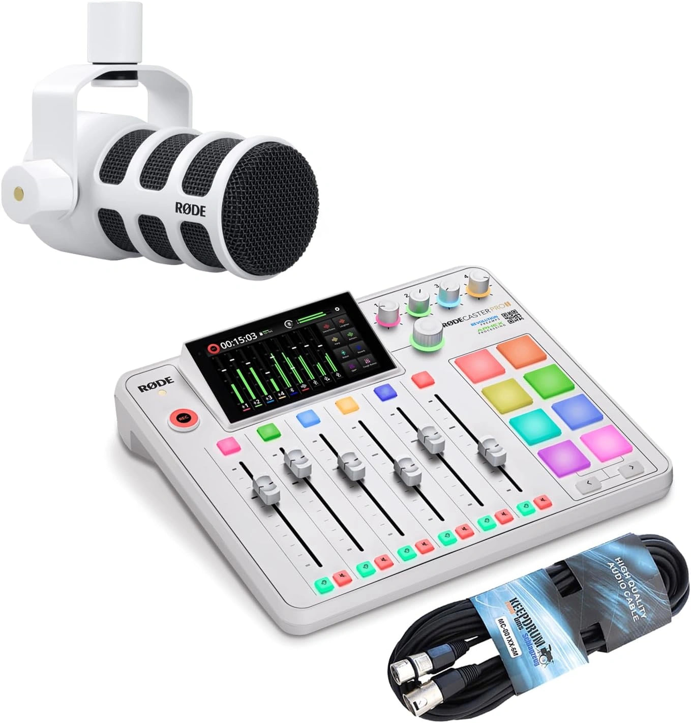 Studio de Production Audio Rodecaster Pro II avec Micro Rode Podmic Blanc et Câble XLR