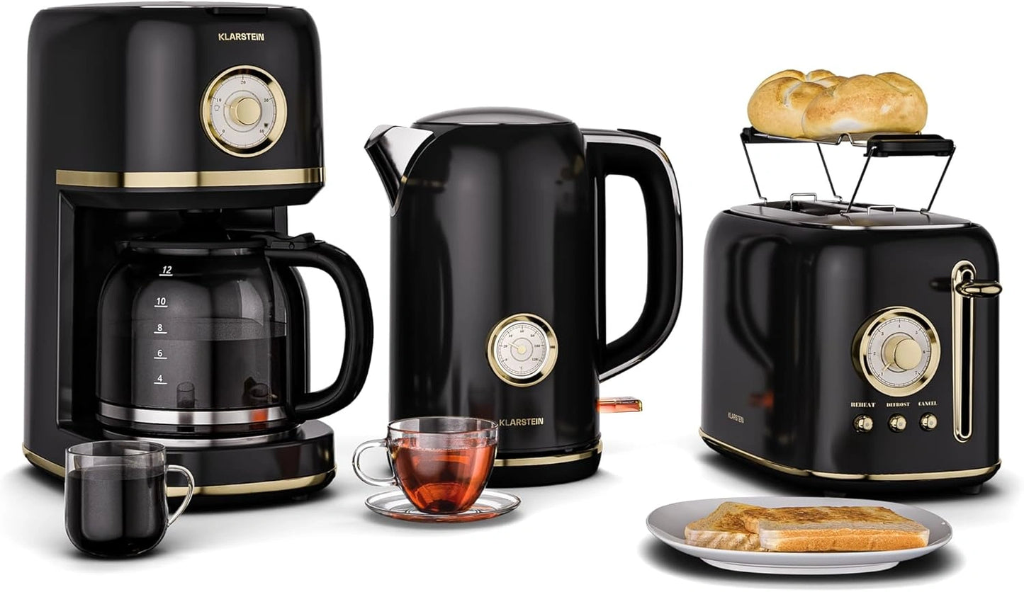 Ensemble Petit-Déjeuner Rétro KLARSTEIN Victoria – Grille-Pain 2 Fentes, Bouilloire 1,7L, Cafetière 12 Tasses, Noir