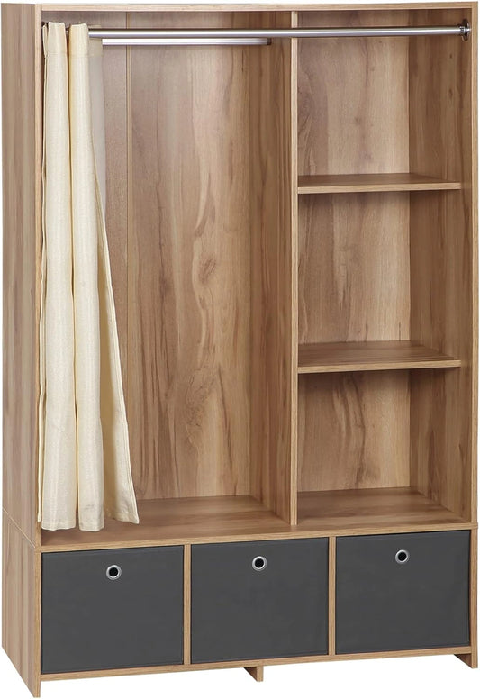 Armoire dressing avec rideau et tiroirs amovibles en tissu - 105x48x160 cm