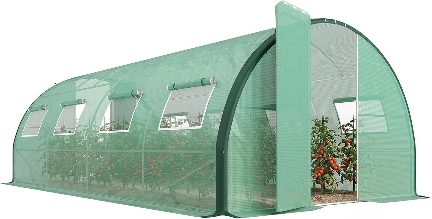 Serre Tunnel de Jardin Outsunny 18m² avec Bâche en PE Haute Densité, 8 Fenêtres Moustiquaires, pour Cultures de Légumes