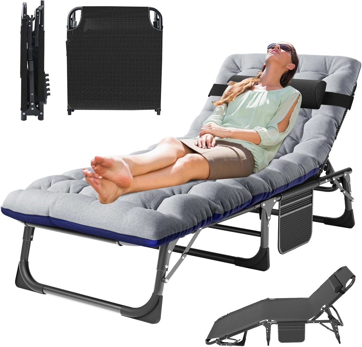 Chaise Longue de Jardin Pliante 5 Positions MOPHOTO, Portable et Confortable, Idéale pour Piscine et Plage, avec Coussin Noir et Gris