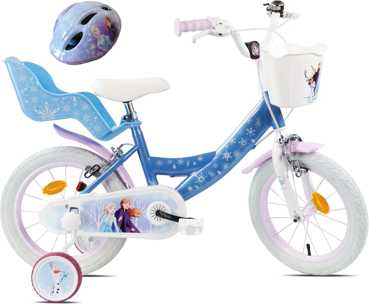 Vélo Enfant 14 Pouces Fille avec Casque Frozen, Freins Caliper, Panier et Roue Stabilisatrice