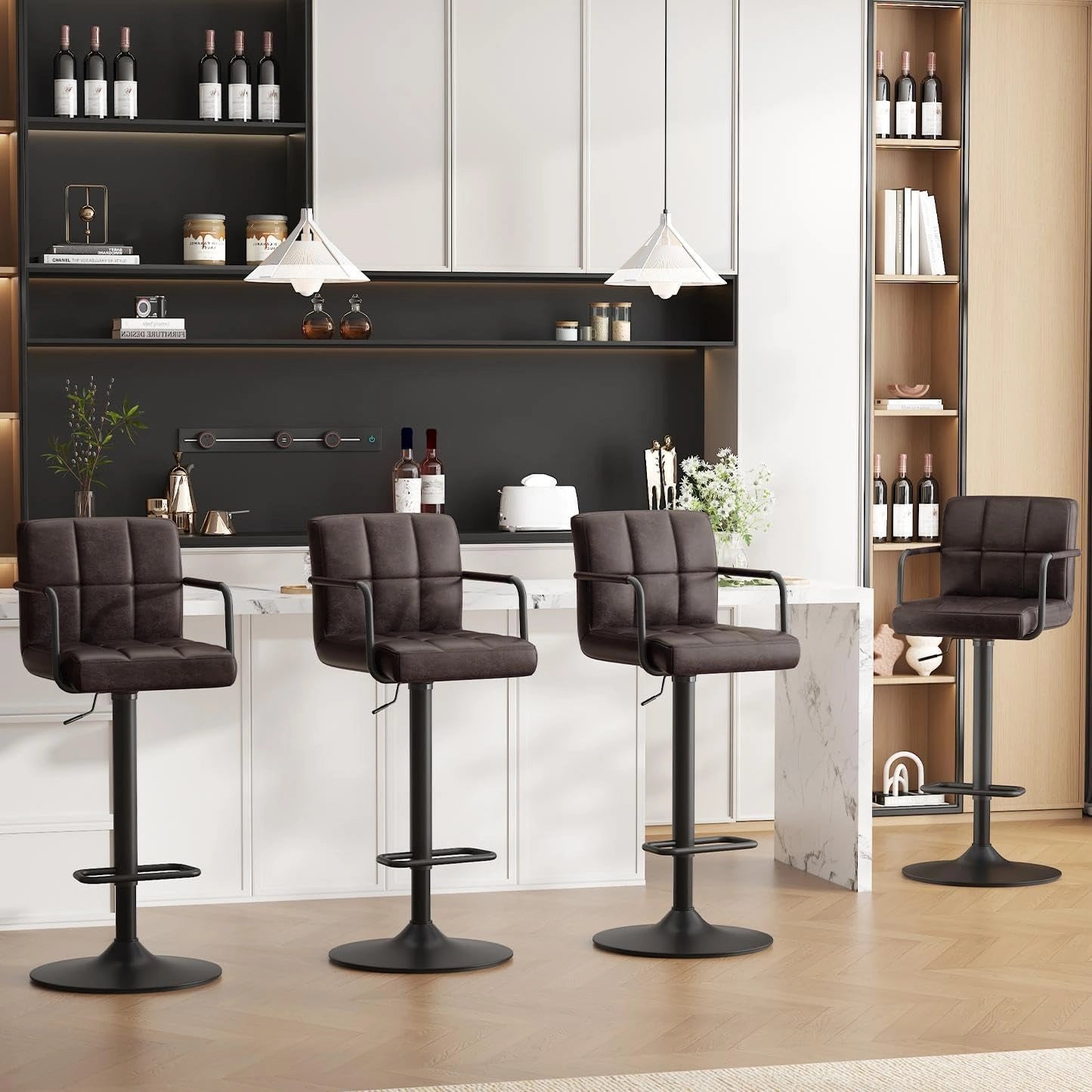 Ensemble de 4 Tabourets de Bar Pivotants 360°, Réglables en Hauteur avec Similicuir et Repose-Pieds - Couleurs Marron et Noir