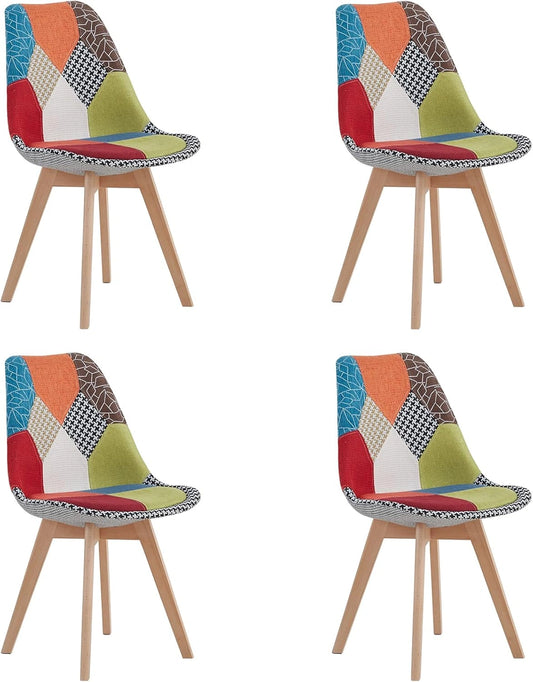 Ensemble de 4 Chaises de Salle à Manger Patchwork Modernes, Assise Confortable en Tissu, Pieds en Bois, Parfait pour Salon et Chambre (Rouge)