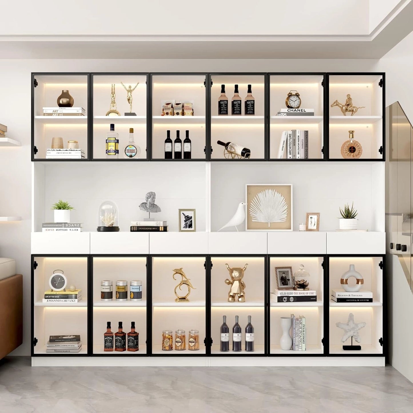 Armoire de Salon en Verre avec Éclairage LED, 240x36x200cm, 6 Tiroirs et 12 Portes, Blanc