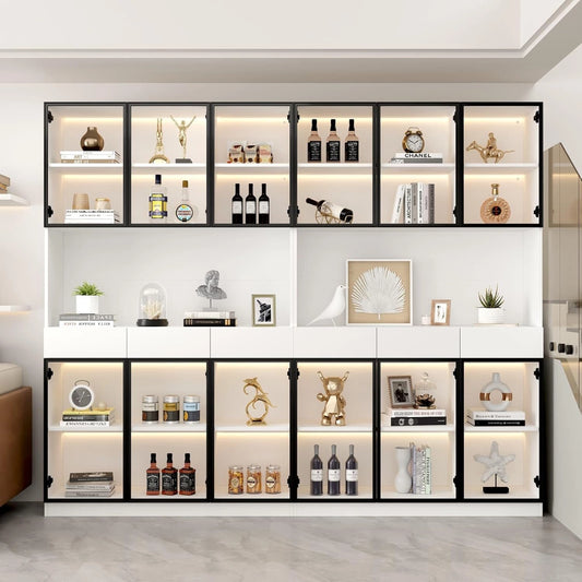 Armoire de Salon en Verre avec Éclairage LED, 240x36x200cm, 6 Tiroirs et 12 Portes, Blanc